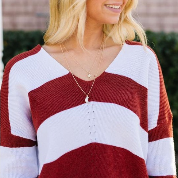 Room With A View Striped V-Neck Sweater in Rust - Picture 5 of 8